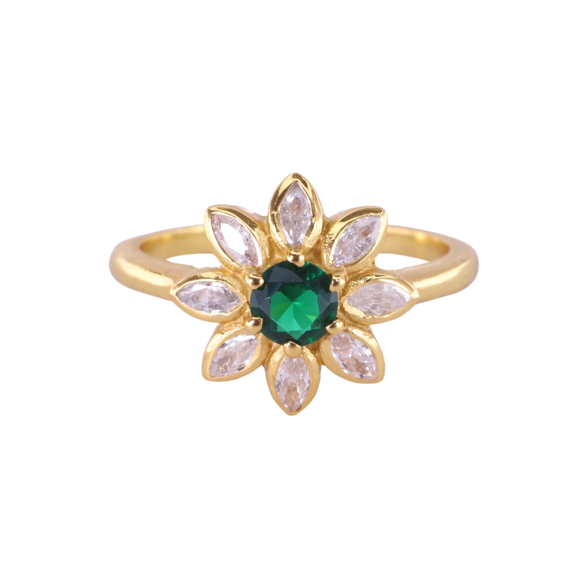 Emerald And Moissanite Floral Wedding Ring Yellow Gold Plated Nature Inspired Ring Women Flower Ring Delicate Jewelry Gift For Wife BY KANISHKA GEMS JEWELS