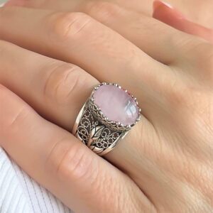 Filigranist 925 Sterling Silver Filigree Art Lace Embroidery Tulip Detailed Women Cocktail Ring with Rose Quartz Gemstone, Luxurious Gift Packed (Rose Quartz, 8)