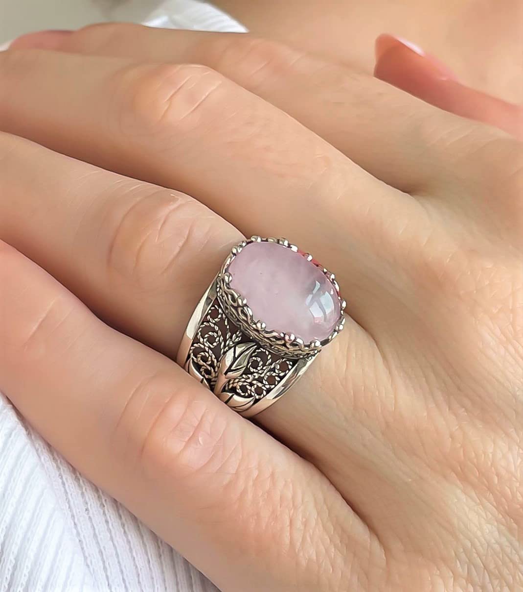 Filigranist 925 Sterling Silver Filigree Art Lace Embroidery Tulip Detailed Women Cocktail Ring with Rose Quartz Gemstone, Luxurious Gift Packed (Rose Quartz, 8)