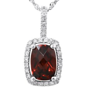 KOKAV Genuine Garnet Cushion 1 Ct with Diamond Pendant Necklace in 14K White Gold