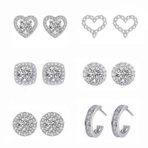 6 pairs simulated diamond stud earrings for women hypoallergenic sterling silver cz stud earring set cubic zirconia stud earrings 14k white gold plated