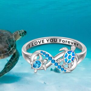 Sea Turtle Ring Blue Opal 925 Turtle Rings for Women Sterling Silver Infinity Cute Ocean Tortoise Jewelry I Love You Forever BFF Mother Day Christmas Gifts Size 6