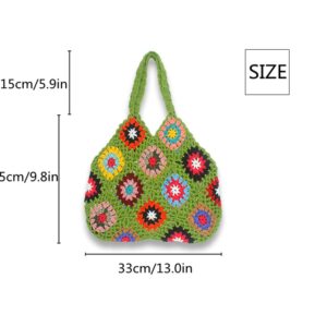 Straw Bag for Women Shoulder Bag Travel Beach Fishing Net Woven Handmade Straw Bag Crochet Tote Bag Shopping (Flower-Black)