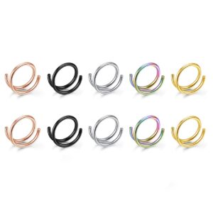 bopreina 10pcs 20g double nose rings hoop for single piercing nose hoop stainless steel double hoops twist spiral nose ring nostril piercing jewellery for women men 6-10mm