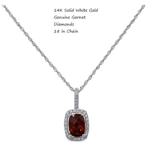 KOKAV Genuine Garnet Cushion 1 Ct with Diamond Pendant Necklace in 14K White Gold