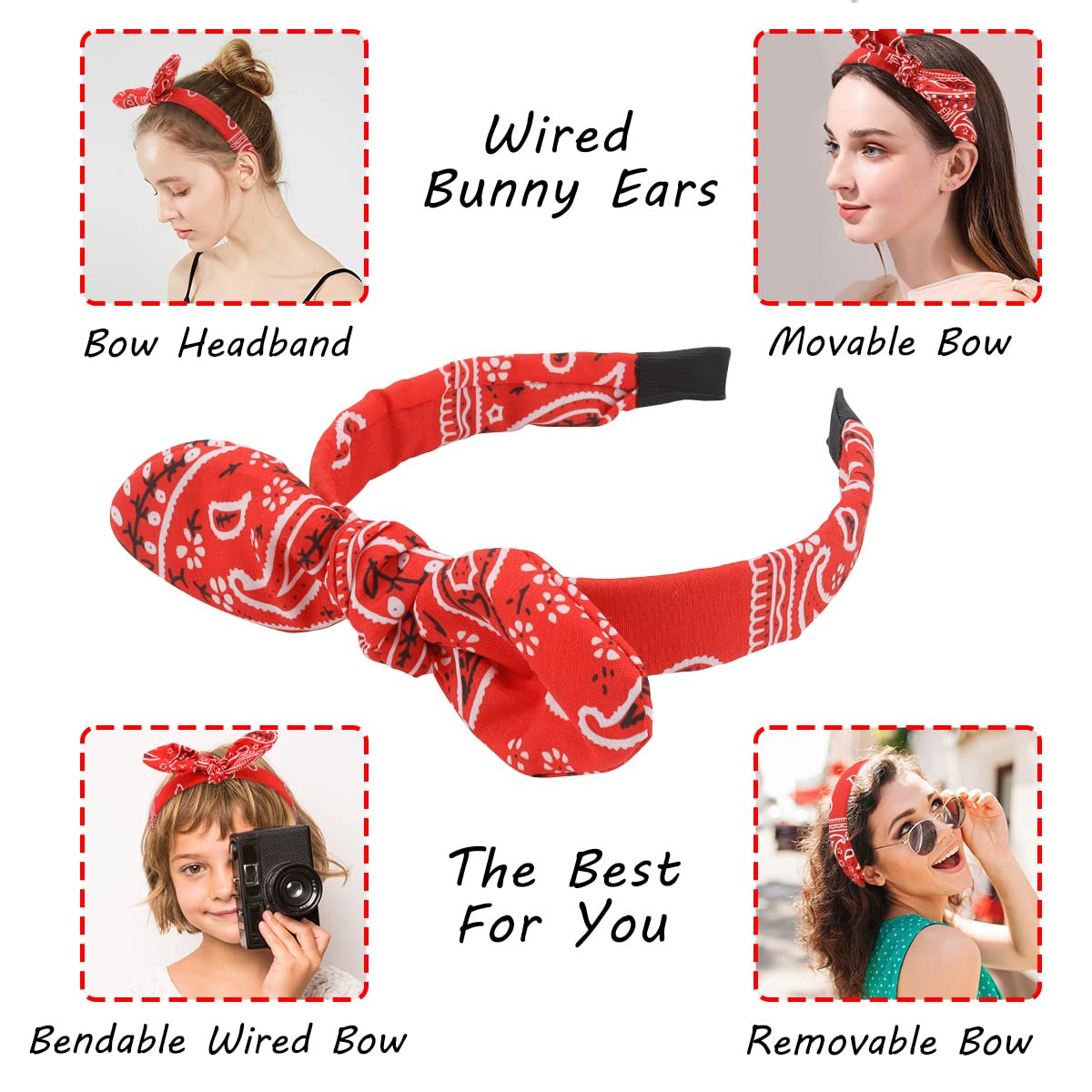 TOBATOBA 6 Pack Knotted Bow Headbands - Bunny Ears Top Knot Wire Headbands for Women, Girls, and Kids - Hair Accessories with Bandanas