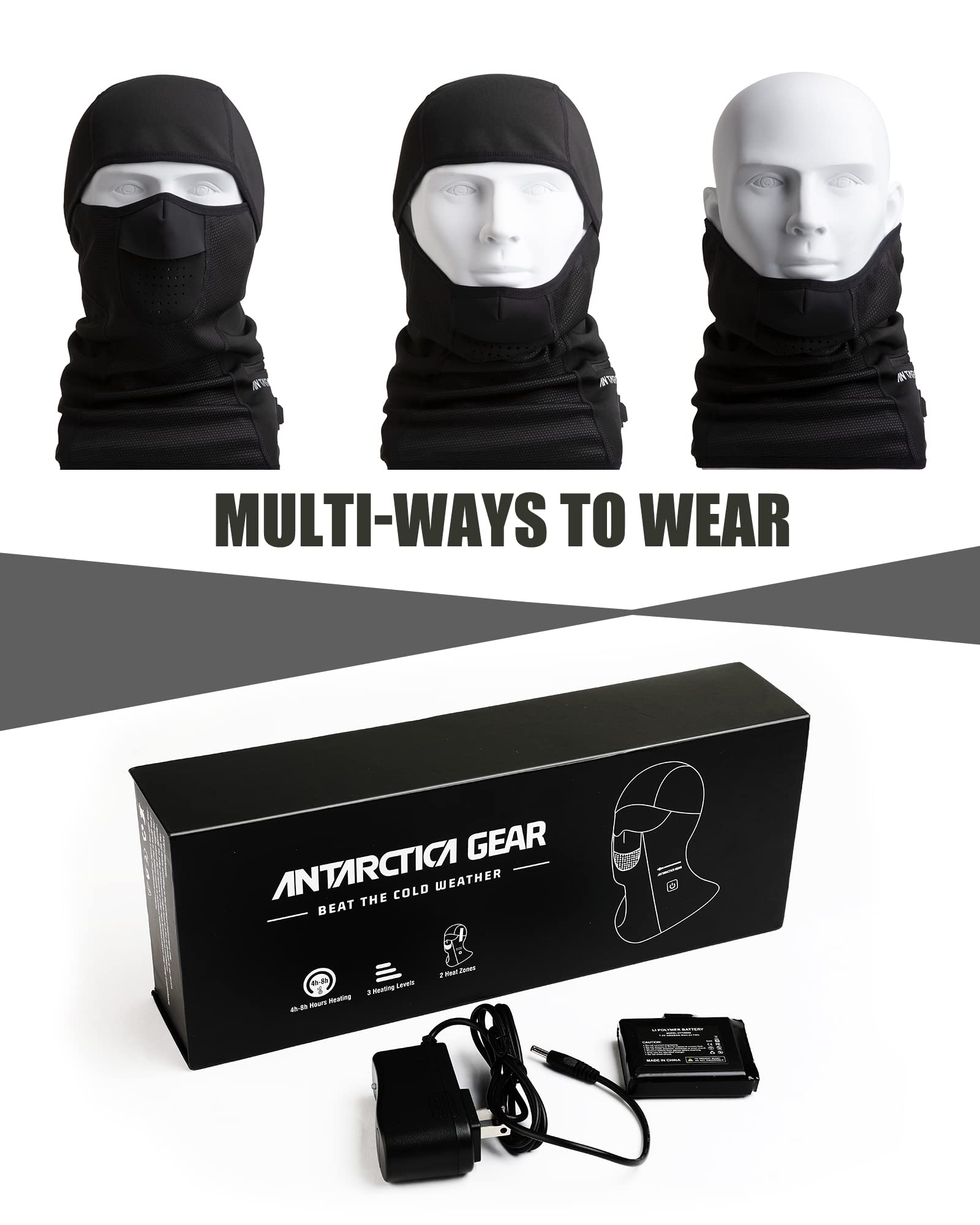 ANTARCTICA GEAR Heated Balaclava Face Ski Mask Windproof Warm Heating Hat for Motorcycle Riding Women Men Black