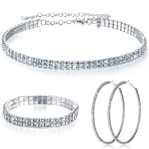 Sureio 3 Pieces Women Rhinestone Jewelry Set Rhinestone Choker Necklace Crystal Bracelet Crystal Big Hoop Earrings for Wedding Bridal Party (2 Row)