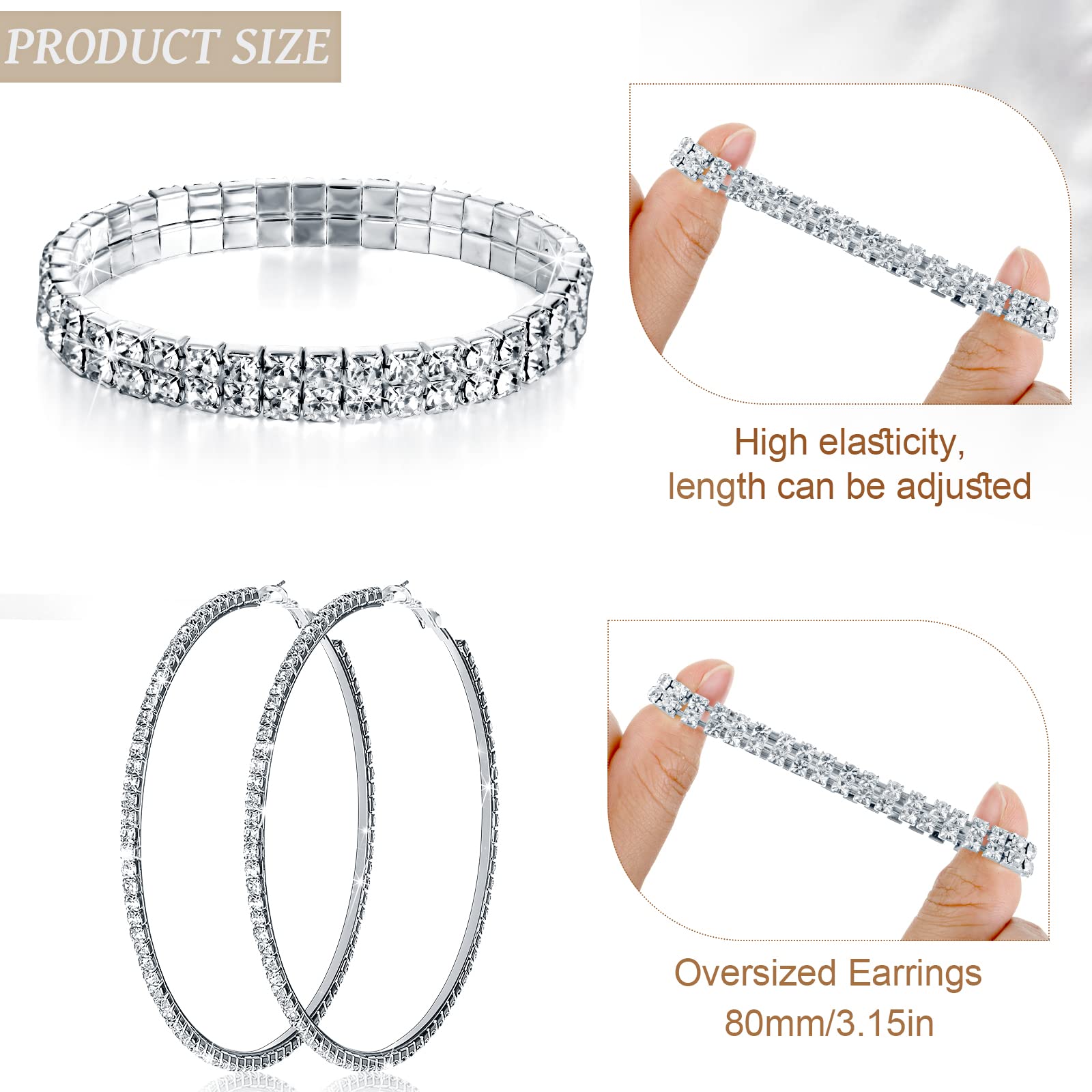 Sureio 3 Pieces Women Rhinestone Jewelry Set Rhinestone Choker Necklace Crystal Bracelet Crystal Big Hoop Earrings for Wedding Bridal Party (2 Row)