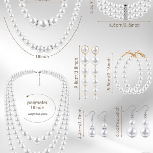 BBTO 8 Pcs Pearl Necklace and Earrings Set for Women Pearl Jewelry Set Faux Pearl Necklace Earrings Simulated Pearl Bracelets (Elegant Style)