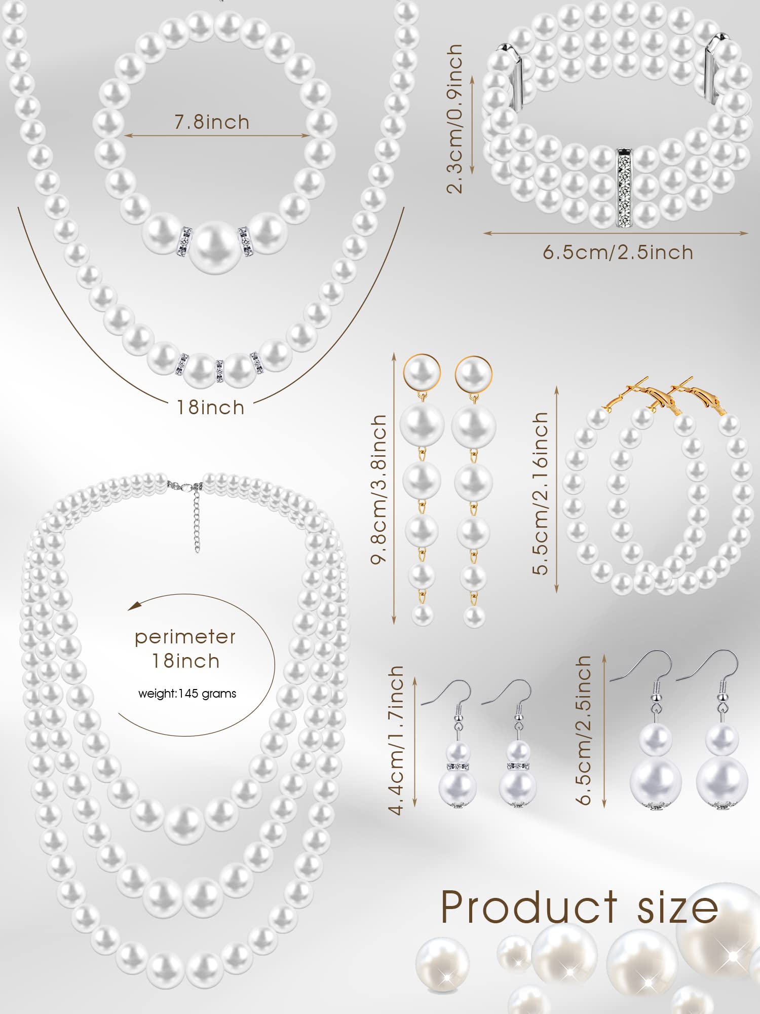 BBTO 8 Pcs Pearl Necklace and Earrings Set for Women Pearl Jewelry Set Faux Pearl Necklace Earrings Simulated Pearl Bracelets (Elegant Style)