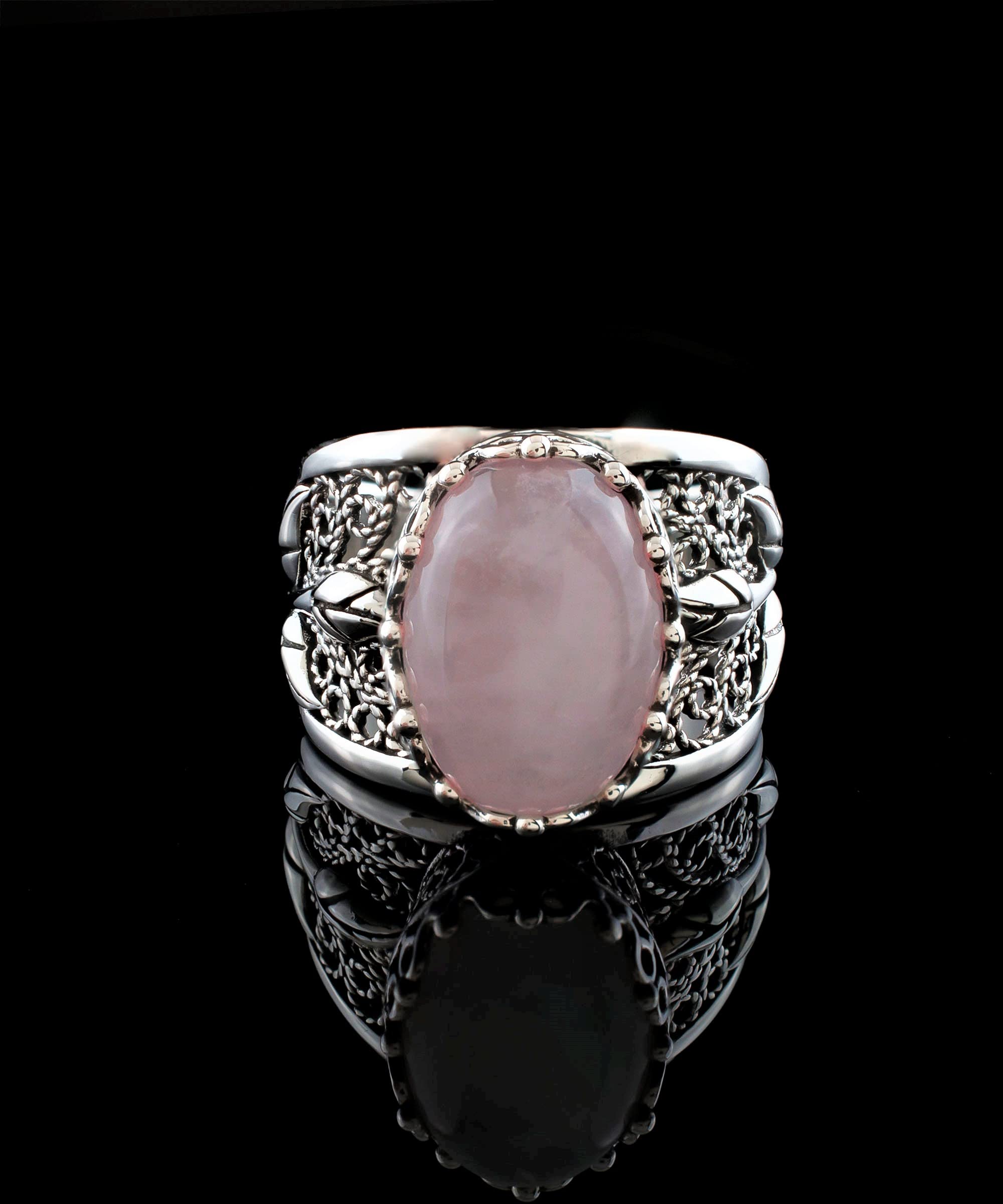 Filigranist 925 Sterling Silver Filigree Art Lace Embroidery Tulip Detailed Women Cocktail Ring with Rose Quartz Gemstone, Luxurious Gift Packed (Rose Quartz, 8)