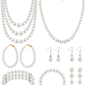 BBTO 8 Pcs Pearl Necklace and Earrings Set for Women Pearl Jewelry Set Faux Pearl Necklace Earrings Simulated Pearl Bracelets (Elegant Style)