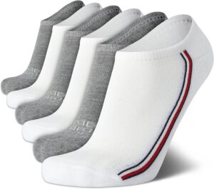 tommy hilfiger men's athletic socks - cushion no show ankle socks (6 pack), size shoe size 7-12, white multi