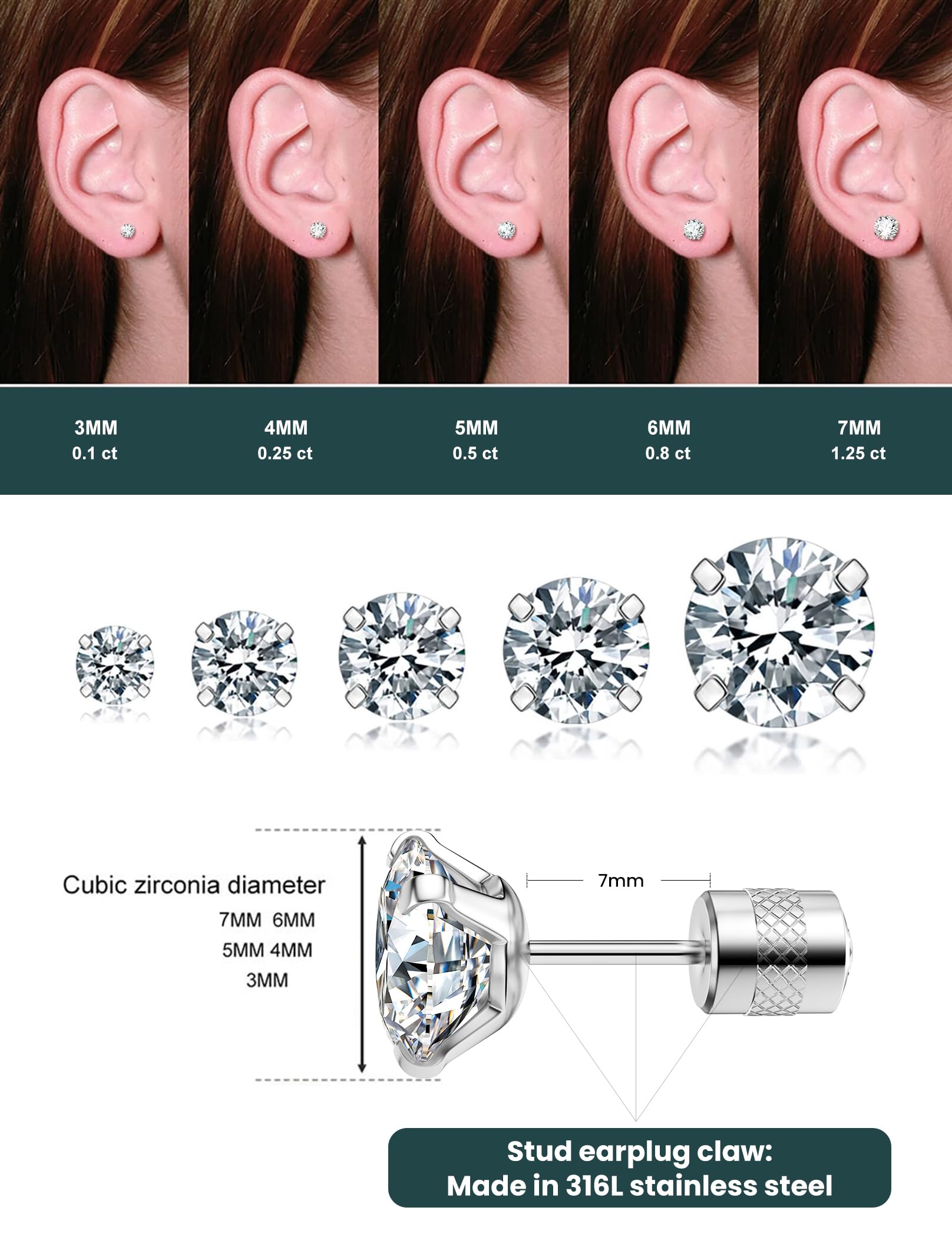 Earrings for Women Cubic-Zirconia Surgical-Stainless-Steel - Hypoallergenic CZ Stud Set Ear Rings 20G Helix Cartilage Tragus Girl Jewelry Fake Diamond Cartilage