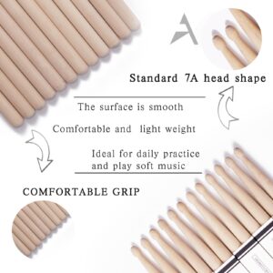 AQJUNONG Drum Sticks，7A Drumsticks, 12 Pairs Classic Maple Wood Tip Drum Sticks for Kids and Adults, Professional Musical Instrument Percussion Accessories