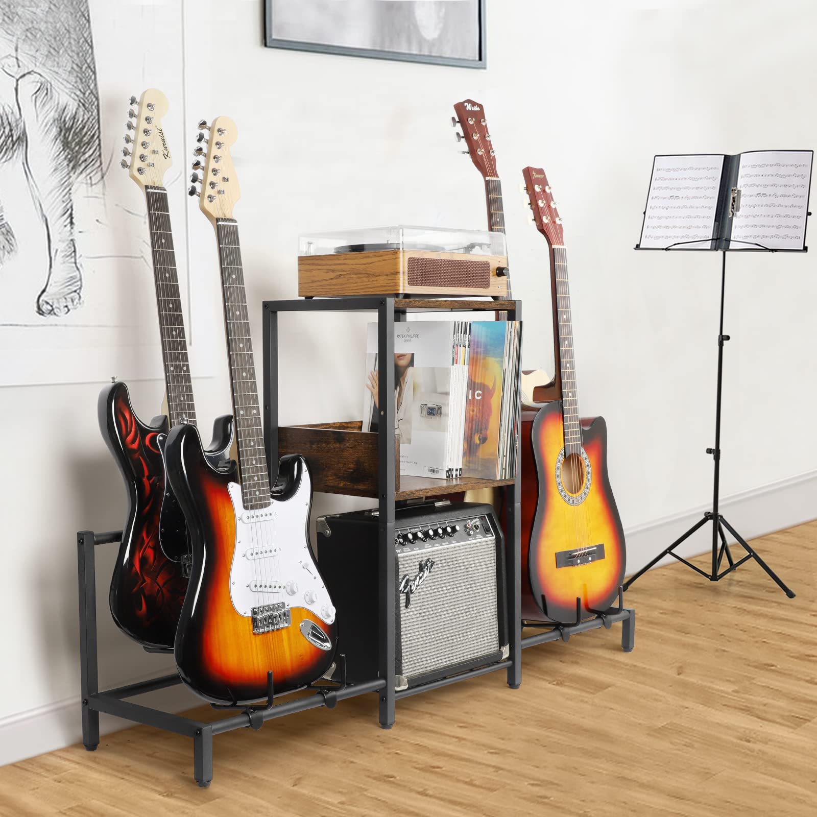 Bikoney Guitar Stand 4-Tier for Acoustic, Electric Guitar, Bass, Guitar Rack Holder Floor Adjustable for Multiple Guitars, Guitar Amp Accessories, Guitar Holder Display for Room Home Studio (Patent)