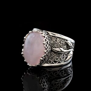 Filigranist 925 Sterling Silver Filigree Art Lace Embroidery Tulip Detailed Women Cocktail Ring with Rose Quartz Gemstone, Luxurious Gift Packed (Rose Quartz, 8)