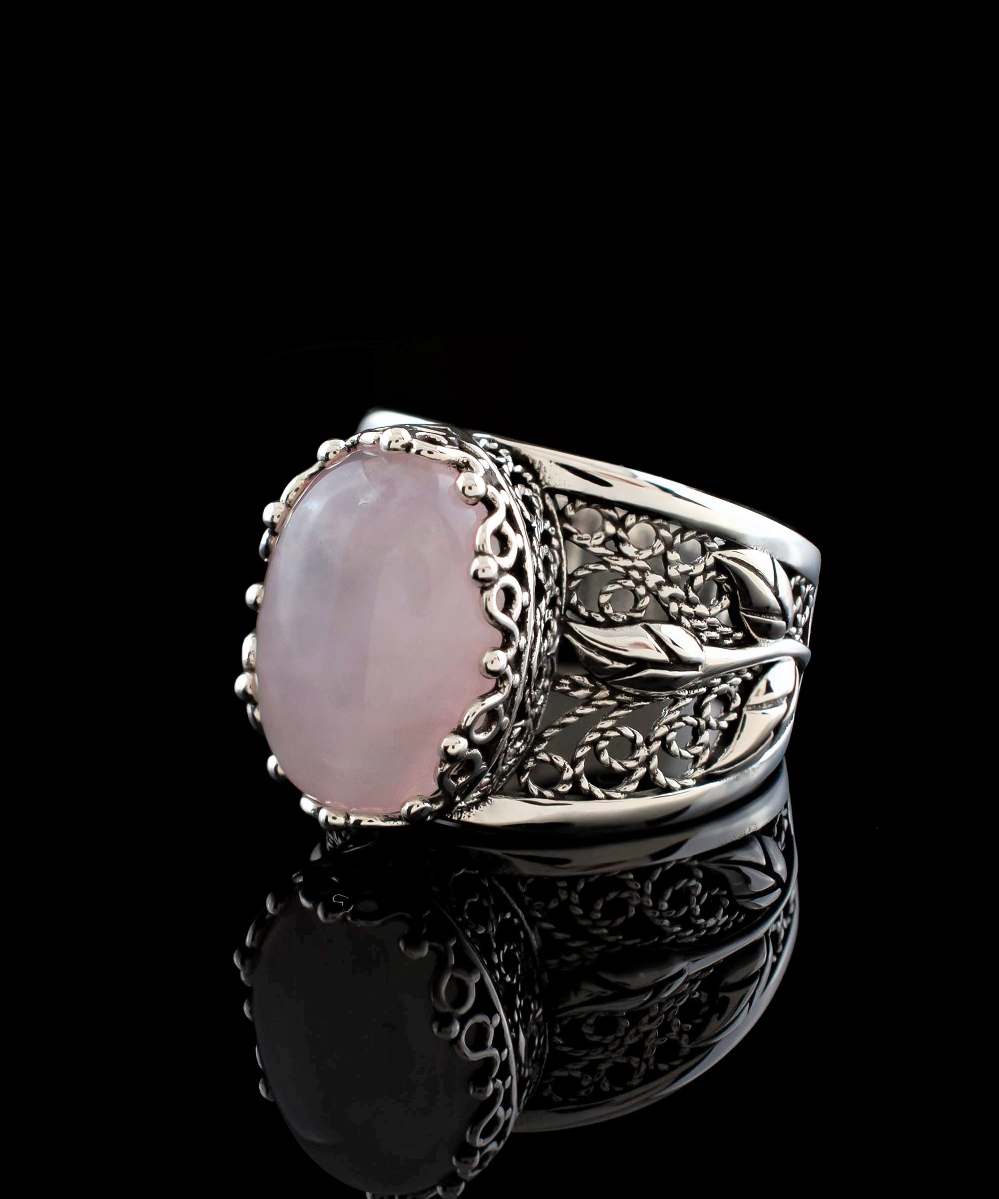 Filigranist 925 Sterling Silver Filigree Art Lace Embroidery Tulip Detailed Women Cocktail Ring with Rose Quartz Gemstone, Luxurious Gift Packed (Rose Quartz, 8)