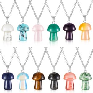 henoyso 12 pcs mushroom crystal necklace natural gemstone mushroom pendant necklace decorative mushroom necklace quartz mushroom jewelry with silver chains for women jewelry gifts(mushroom)