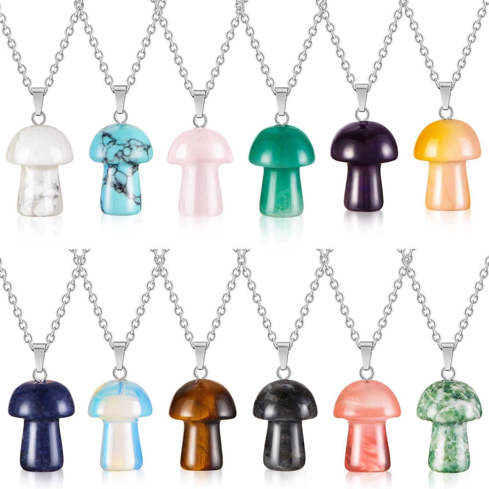 Henoyso 12 Pcs Mushroom Crystal Necklace Natural Gemstone Mushroom Pendant Necklace Decorative Mushroom Necklace Quartz Mushroom Jewelry with Silver Chains for Women Jewelry Gifts(Mushroom)