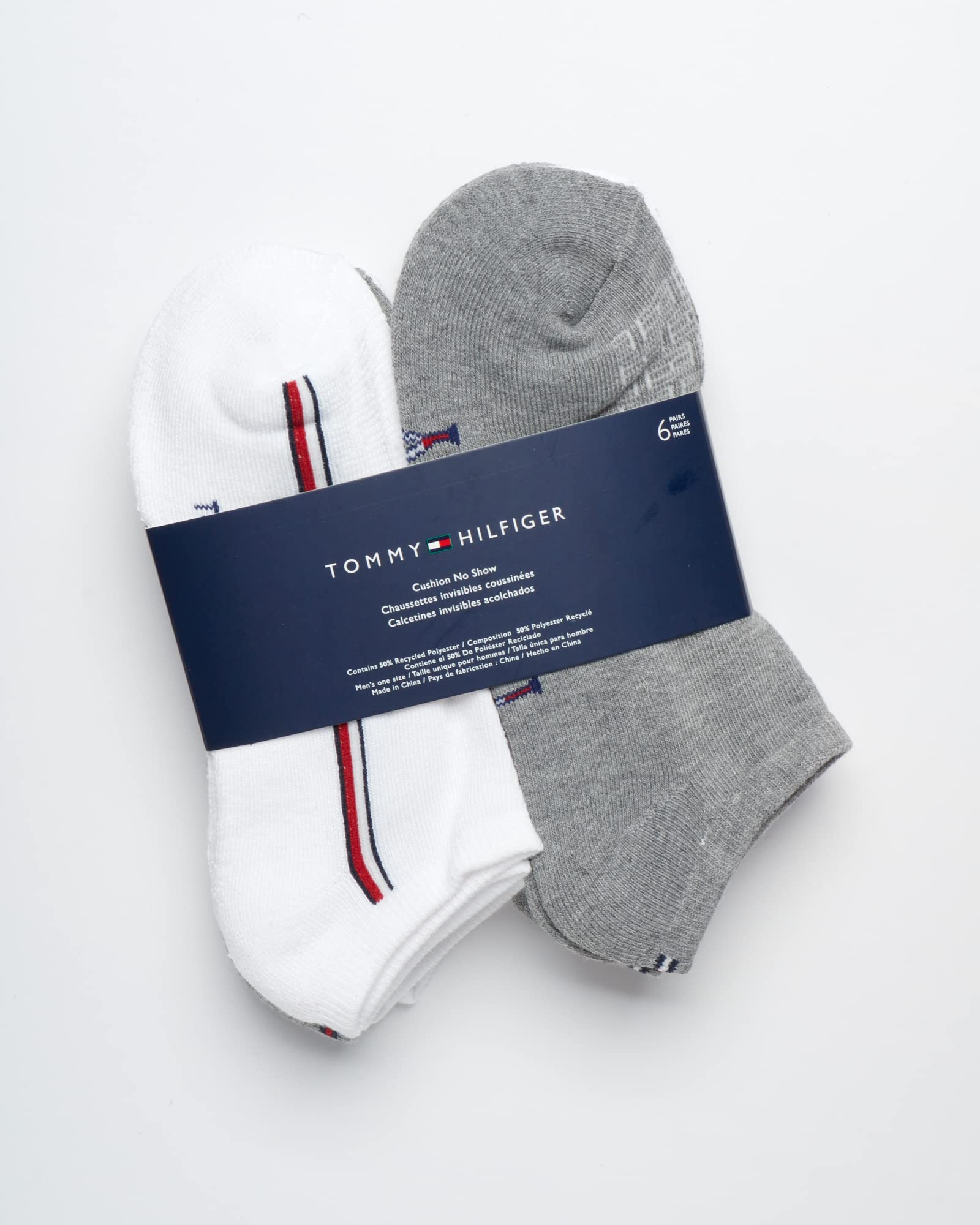 Tommy Hilfiger Men's Athletic Socks - Cushion No Show Ankle Socks (6 Pack), Size Shoe Size 7-12, White Multi