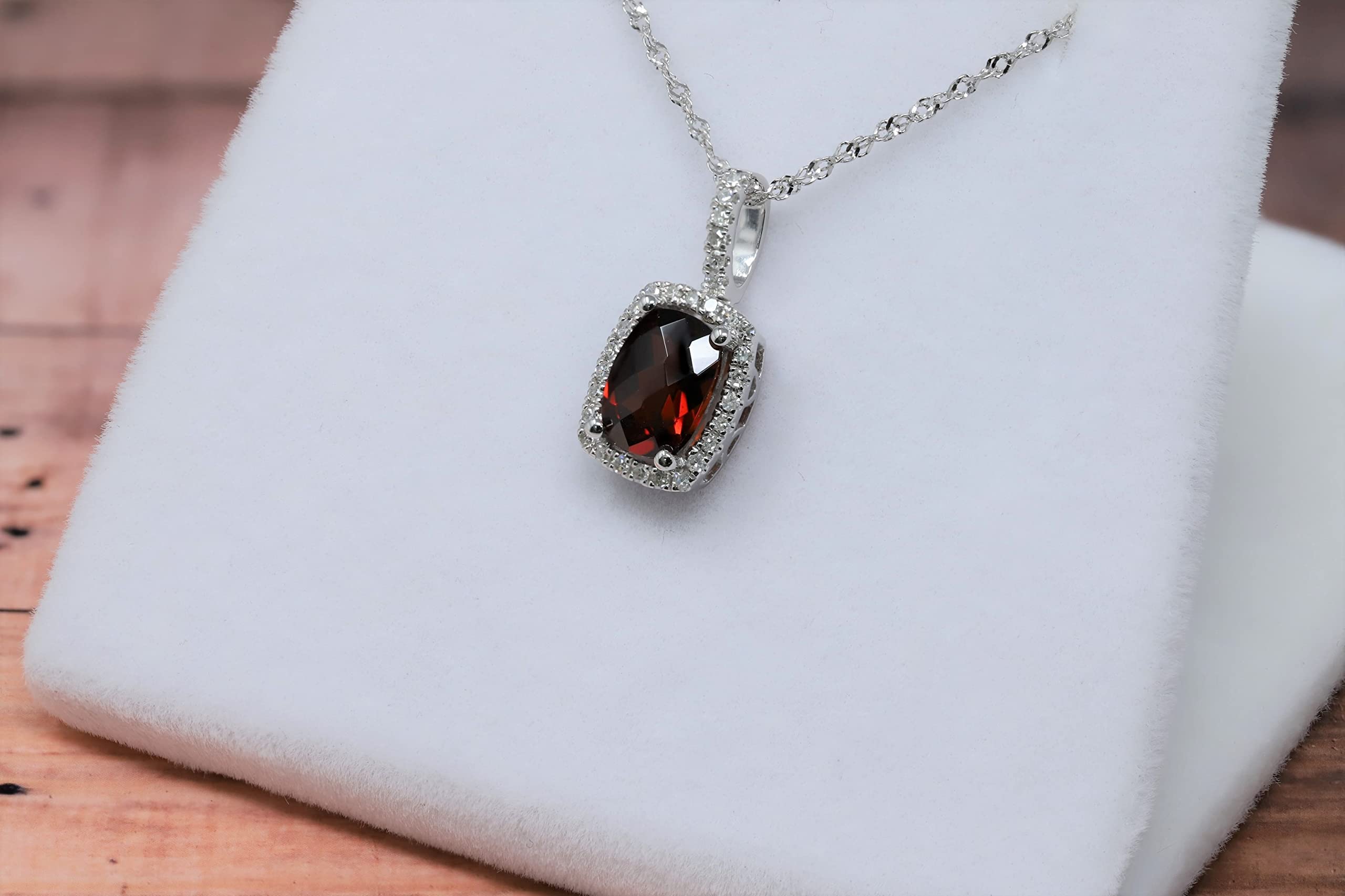 KOKAV Genuine Garnet Cushion 1 Ct with Diamond Pendant Necklace in 14K White Gold