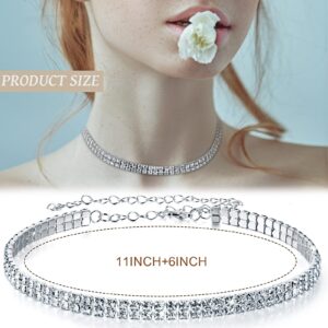 Sureio 3 Pieces Women Rhinestone Jewelry Set Rhinestone Choker Necklace Crystal Bracelet Crystal Big Hoop Earrings for Wedding Bridal Party (2 Row)