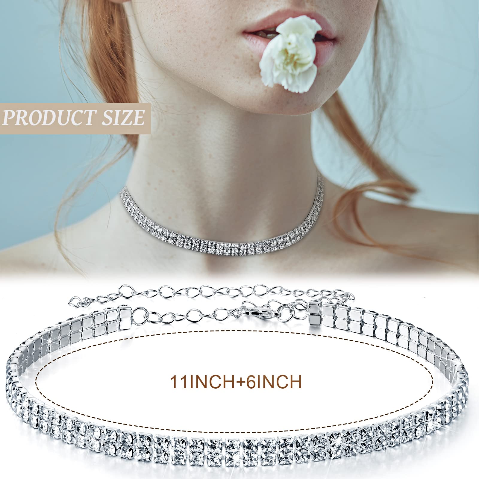 Sureio 3 Pieces Women Rhinestone Jewelry Set Rhinestone Choker Necklace Crystal Bracelet Crystal Big Hoop Earrings for Wedding Bridal Party (2 Row)