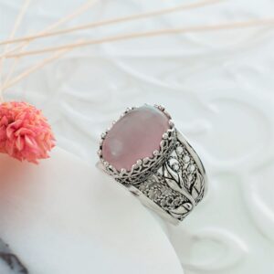 Filigranist 925 Sterling Silver Filigree Art Lace Embroidery Tulip Detailed Women Cocktail Ring with Rose Quartz Gemstone, Luxurious Gift Packed (Rose Quartz, 8)