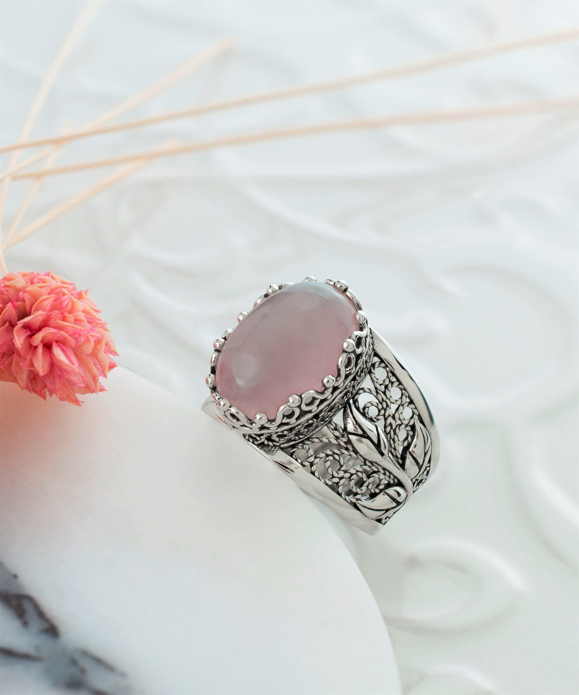 Filigranist 925 Sterling Silver Filigree Art Lace Embroidery Tulip Detailed Women Cocktail Ring with Rose Quartz Gemstone, Luxurious Gift Packed (Rose Quartz, 8)