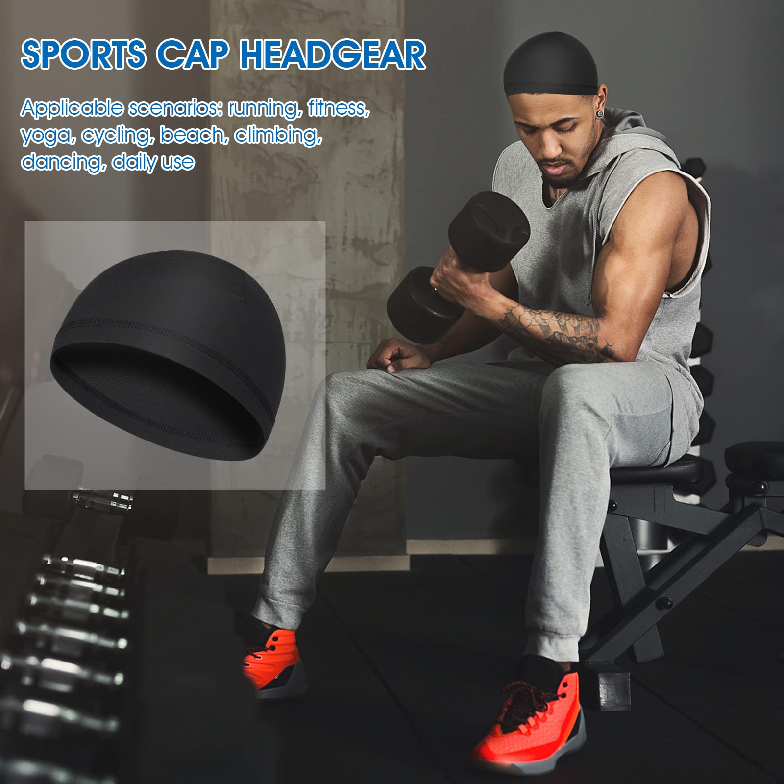 Yolev 4 Pieces Men Skull Caps Soft Helmet Liner Cycling Running Hat Cotton Beanie Sweat Wicking for Men Women Black