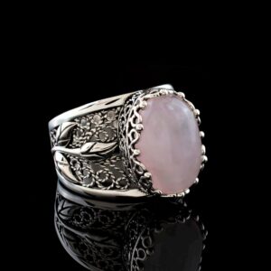 Filigranist 925 Sterling Silver Filigree Art Lace Embroidery Tulip Detailed Women Cocktail Ring with Rose Quartz Gemstone, Luxurious Gift Packed (Rose Quartz, 8)