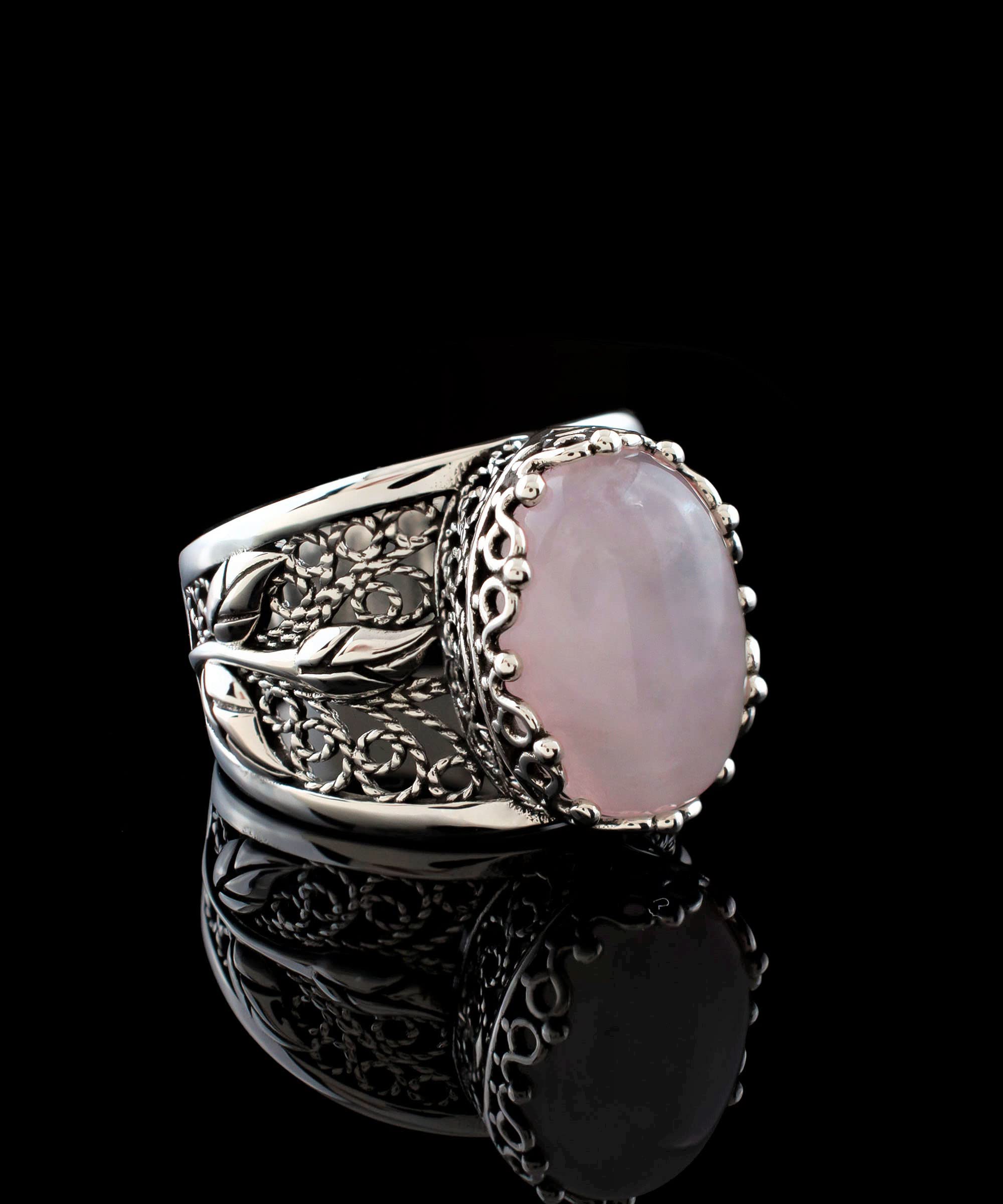 Filigranist 925 Sterling Silver Filigree Art Lace Embroidery Tulip Detailed Women Cocktail Ring with Rose Quartz Gemstone, Luxurious Gift Packed (Rose Quartz, 8)