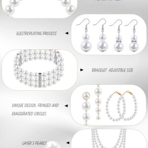 BBTO 8 Pcs Pearl Necklace and Earrings Set for Women Pearl Jewelry Set Faux Pearl Necklace Earrings Simulated Pearl Bracelets (Elegant Style)