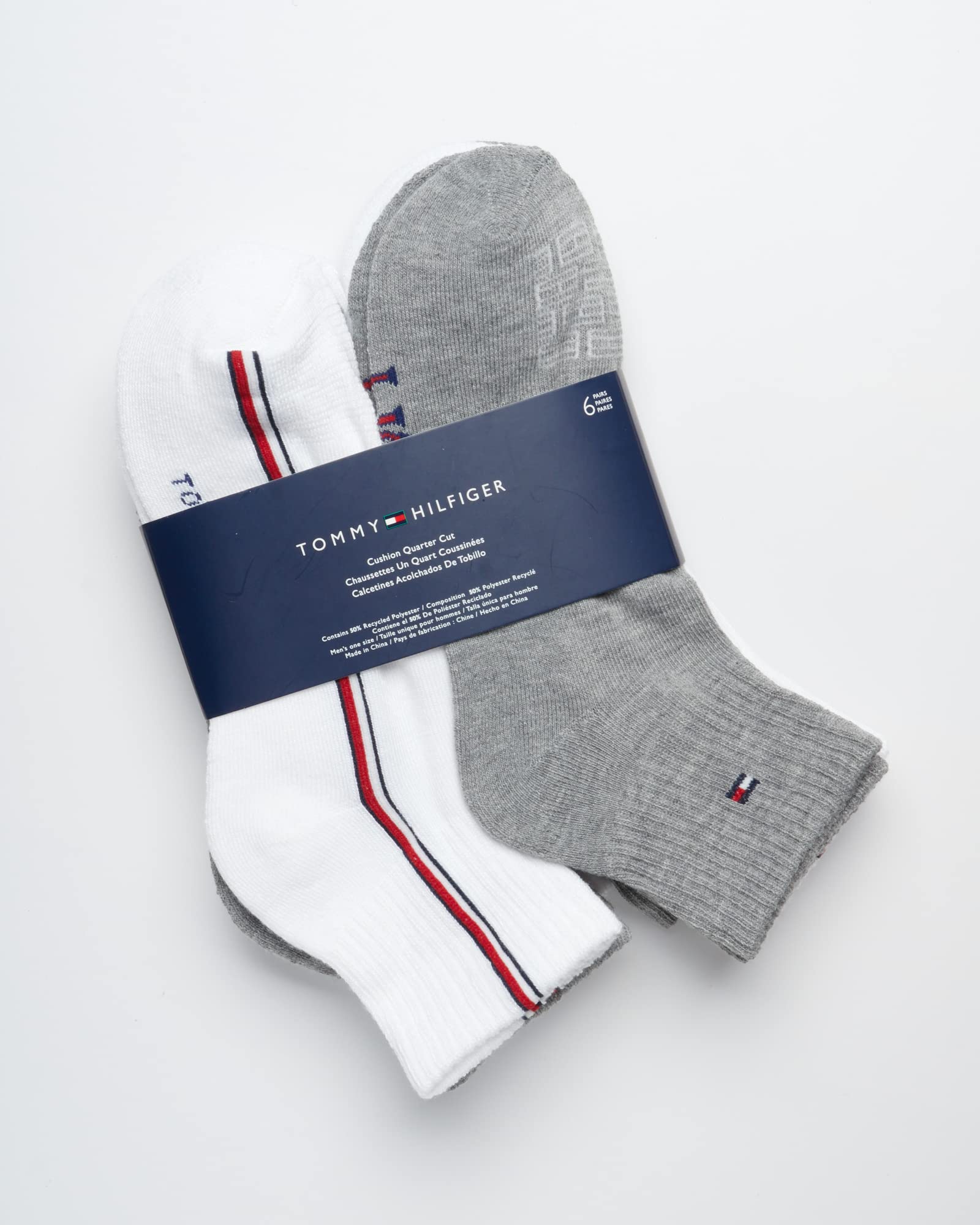 Tommy Hilfiger Men's Quarter Socks - 6 Pack Cushioned Men's Athletic Ankle Socks - Breathable Sports Socks for Men (7-12), Size 7-12, White Multi