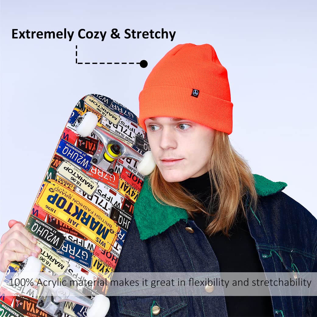 Joywant Knit Orange Beanie Hats for Men Slouchy Acrylic Guys Women Winter Hat Skull Caps All Season Cuffed Unisex Beanies (Fluorescent Red)