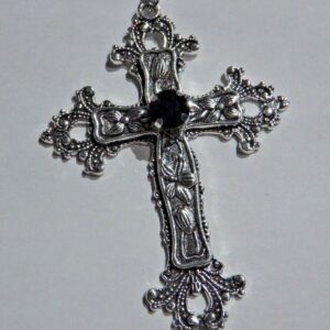 Large Gothic Cross Necklace silver-tone pendant with black glass stone, on 24" steel chain