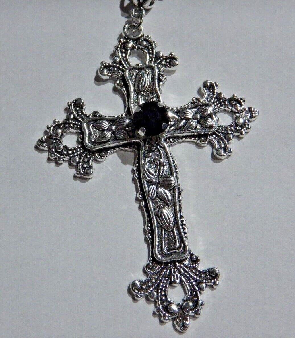 Large Gothic Cross Necklace silver-tone pendant with black glass stone, on 24" steel chain