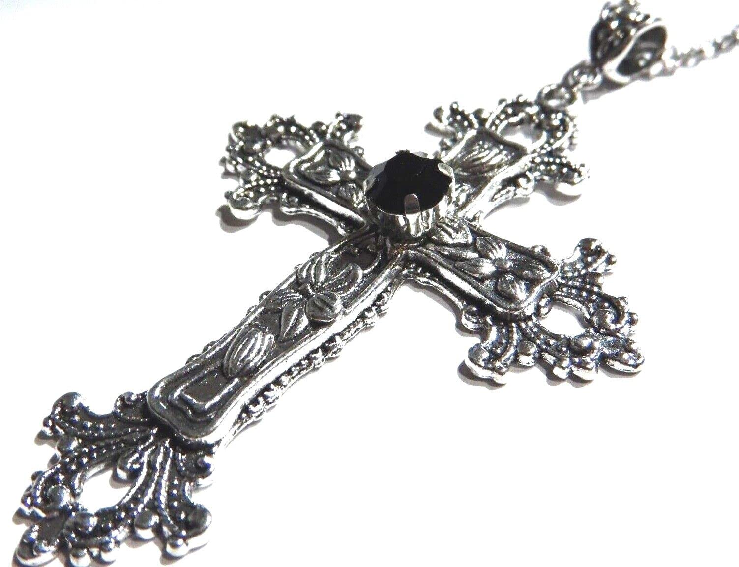 Large Gothic Cross Necklace silver-tone pendant with black glass stone, on 24" steel chain