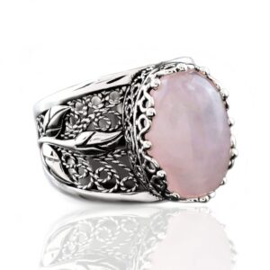 Filigranist 925 Sterling Silver Filigree Art Lace Embroidery Tulip Detailed Women Cocktail Ring with Rose Quartz Gemstone, Luxurious Gift Packed (Rose Quartz, 8)