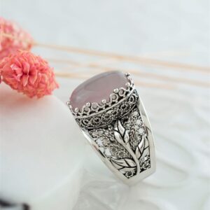 Filigranist 925 Sterling Silver Filigree Art Lace Embroidery Tulip Detailed Women Cocktail Ring with Rose Quartz Gemstone, Luxurious Gift Packed (Rose Quartz, 8)