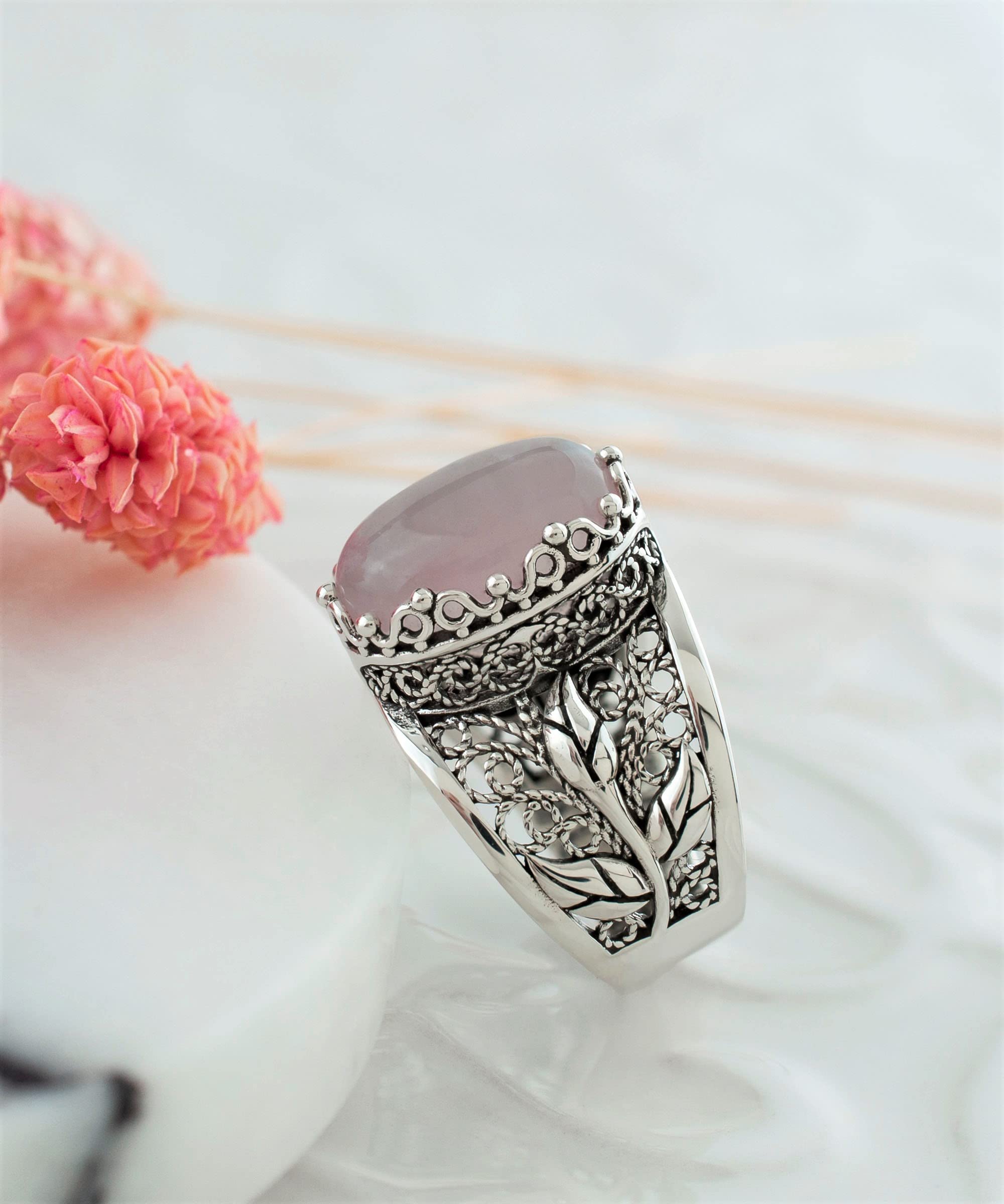 Filigranist 925 Sterling Silver Filigree Art Lace Embroidery Tulip Detailed Women Cocktail Ring with Rose Quartz Gemstone, Luxurious Gift Packed (Rose Quartz, 8)