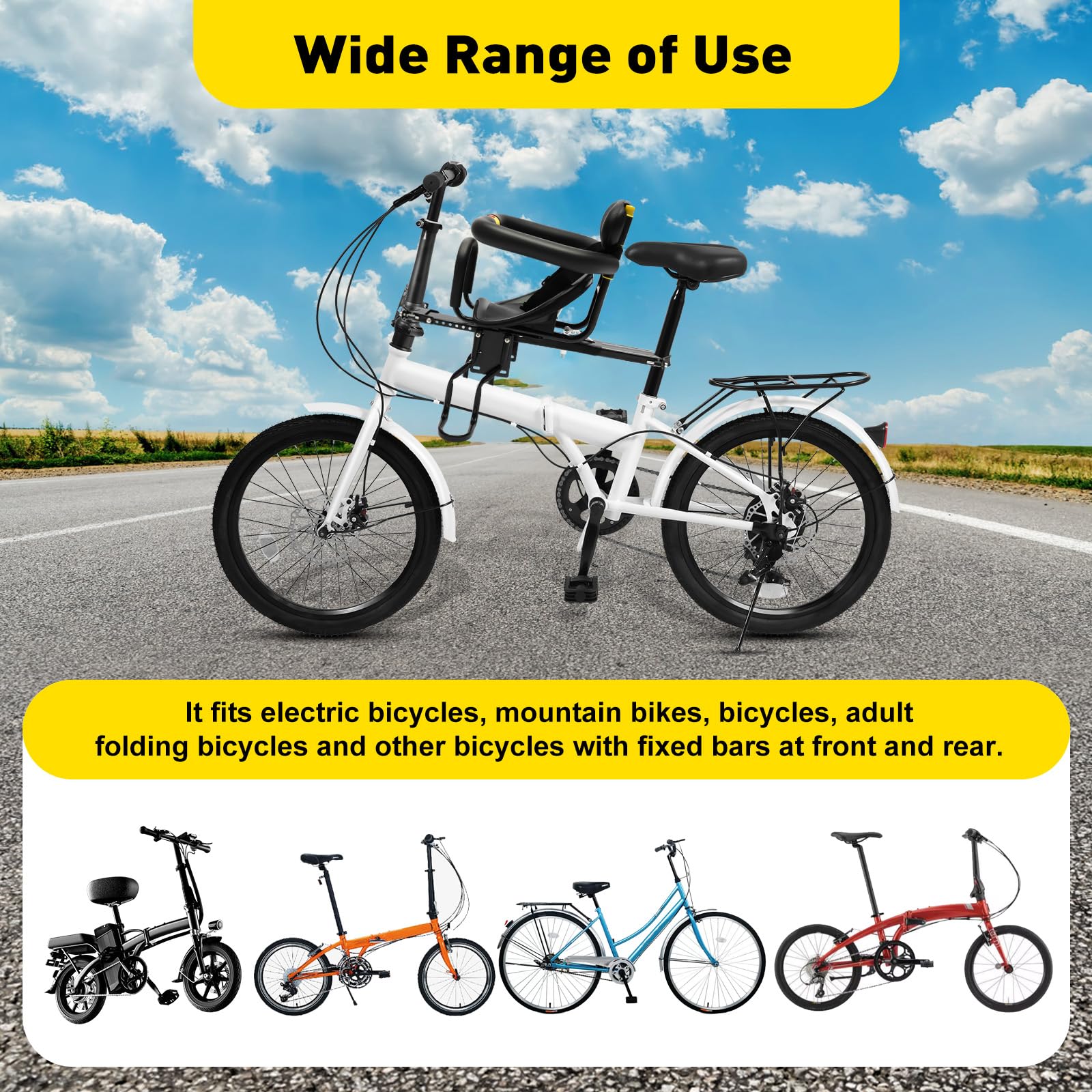 Child Seat, Front Mounted Bicycle Seats for Children with Handrail/Foot Pedal, Kids Front Bike Seat Foldable Portable Bike Carrier for Electric Car, Mountain Bike, Bicycle, Adult Folding Bike