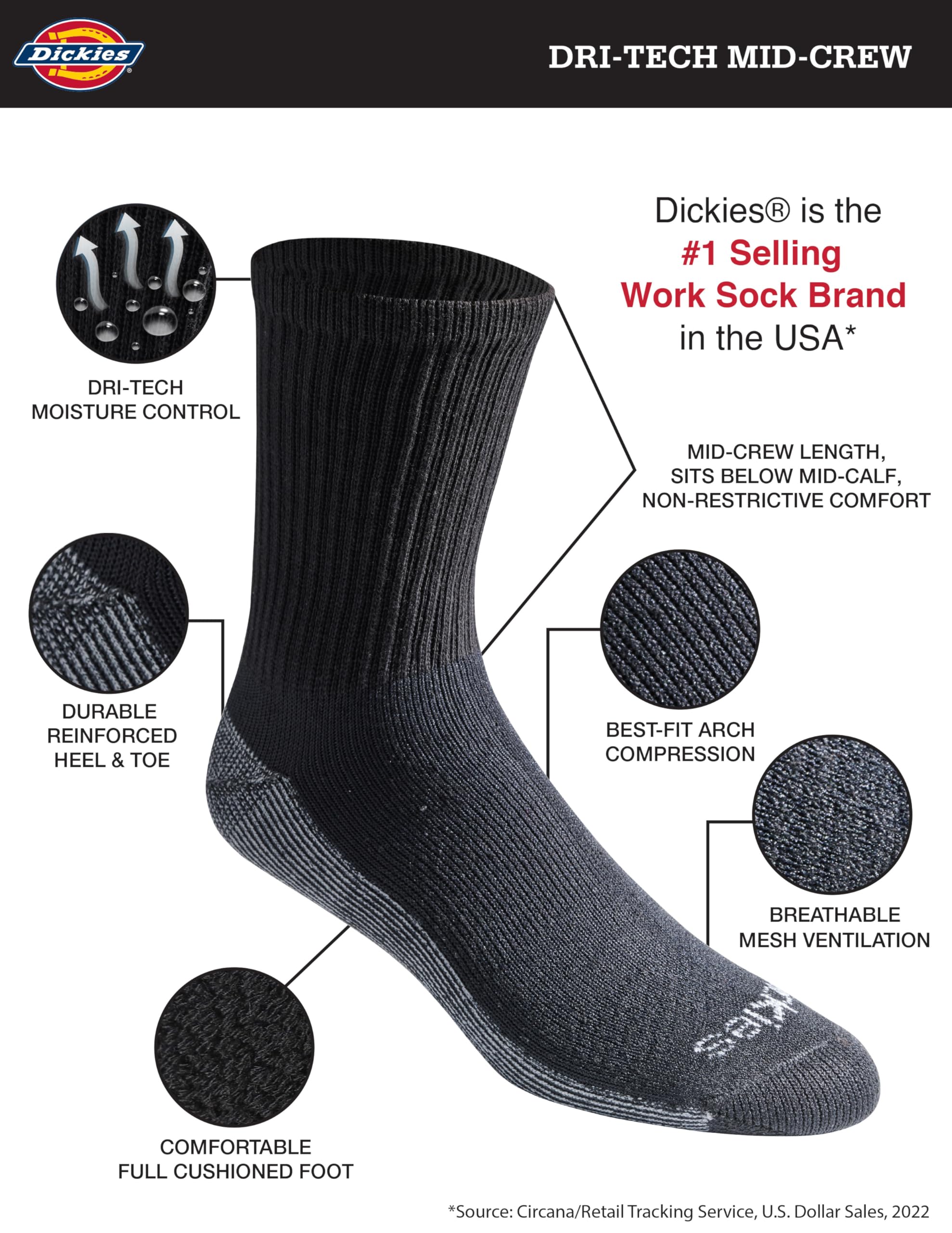 Dickies Men's Dri-tech Moisture Control 6-Pack Comfort Length Crew Socks