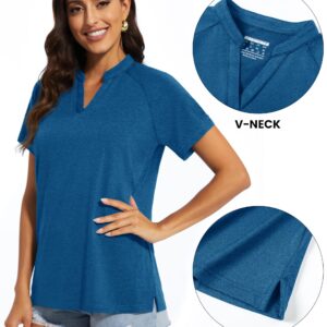 MAGCOMSEN Polo Shirts for Women Collarless V Neck Golf T-Shirts UPF 50+ Sun Protection Tennis Shirts Quick Dry Blue,XL