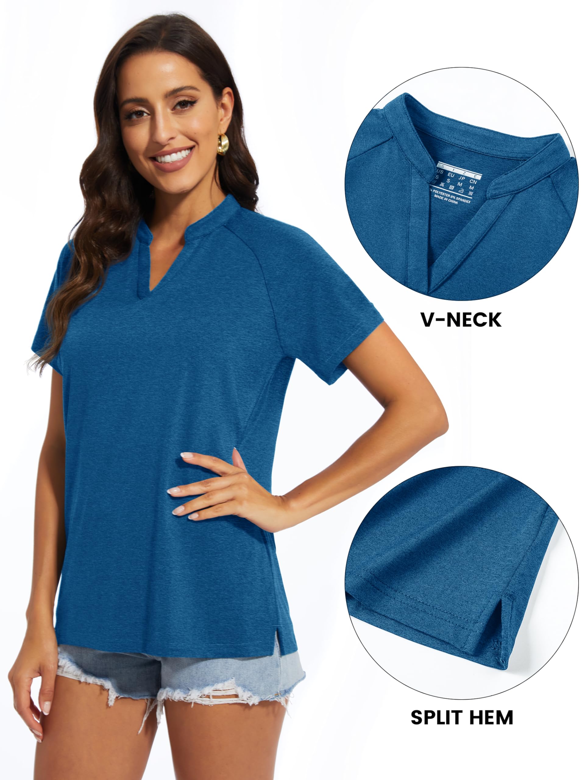 MAGCOMSEN Polo Shirts for Women Collarless V Neck Golf T-Shirts UPF 50+ Sun Protection Tennis Shirts Quick Dry Blue,XL