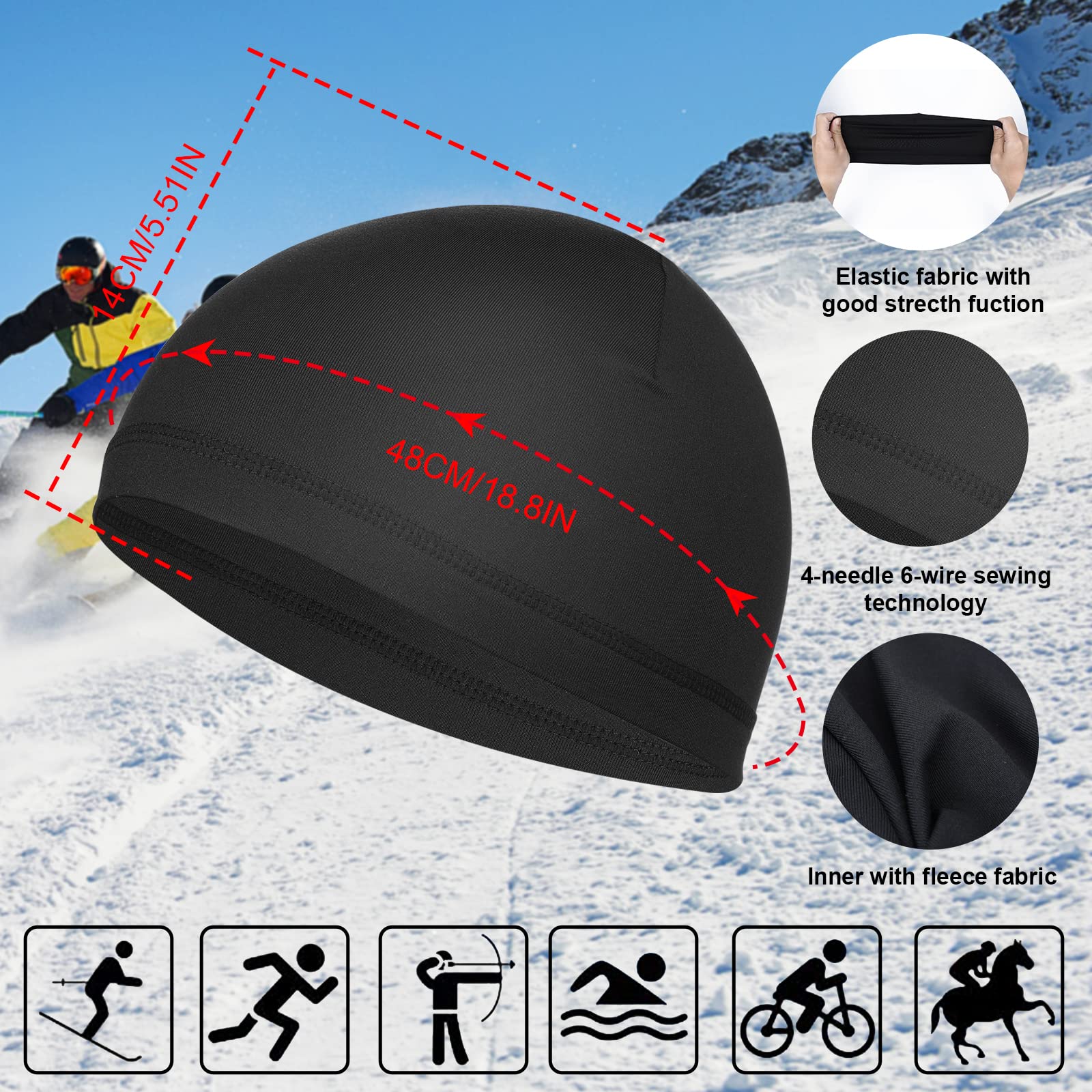 Yolev 4 Pieces Men Skull Caps Soft Helmet Liner Cycling Running Hat Cotton Beanie Sweat Wicking for Men Women Black