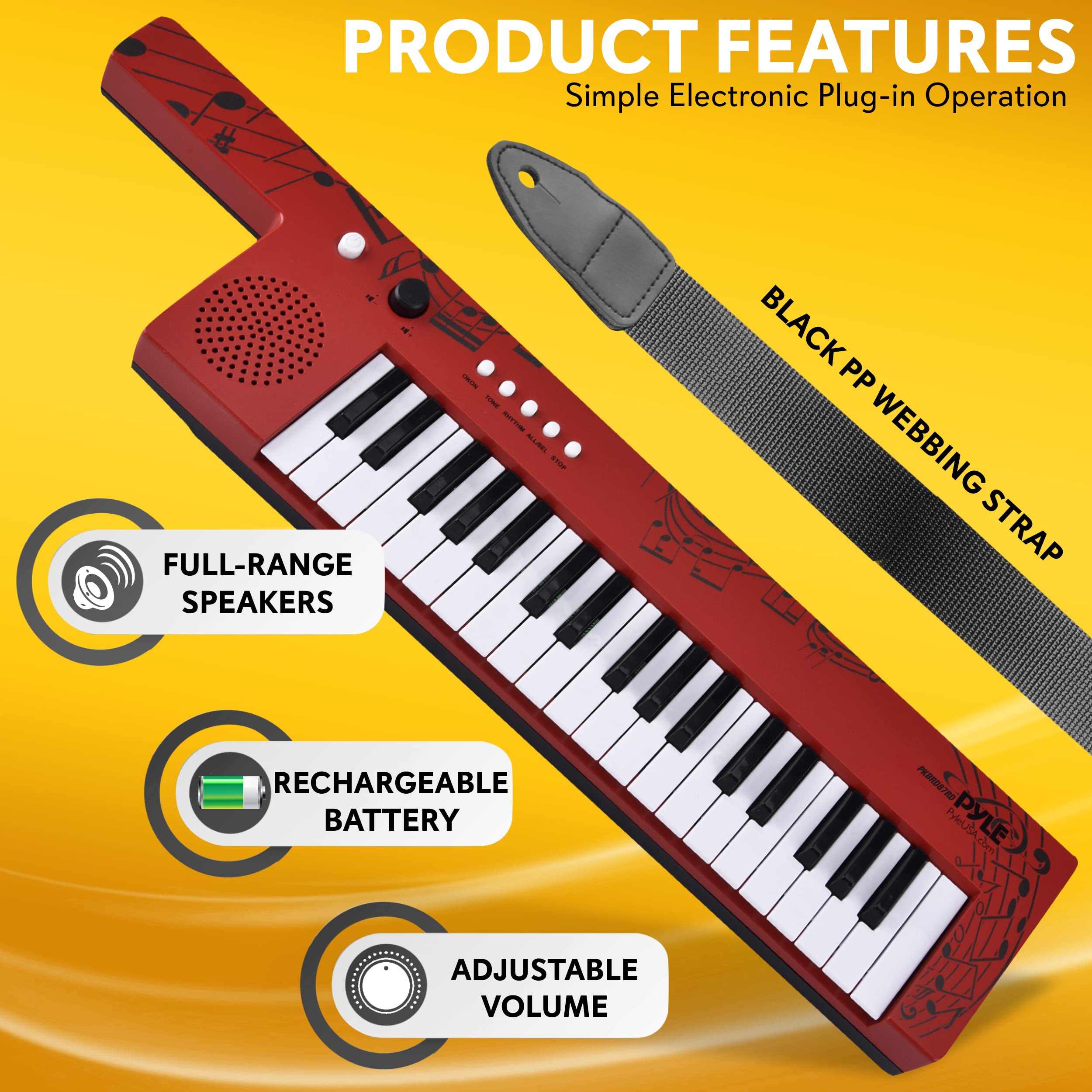 Pyle Digital Musical Keyboard 37 Keys, Electronic Karaoke Keytar with Wired Microphone, 4 Preset Selectable Tones, 4 Audio Rhythms, AUX Input, Rechargeable, Fun for Kids and All Ages