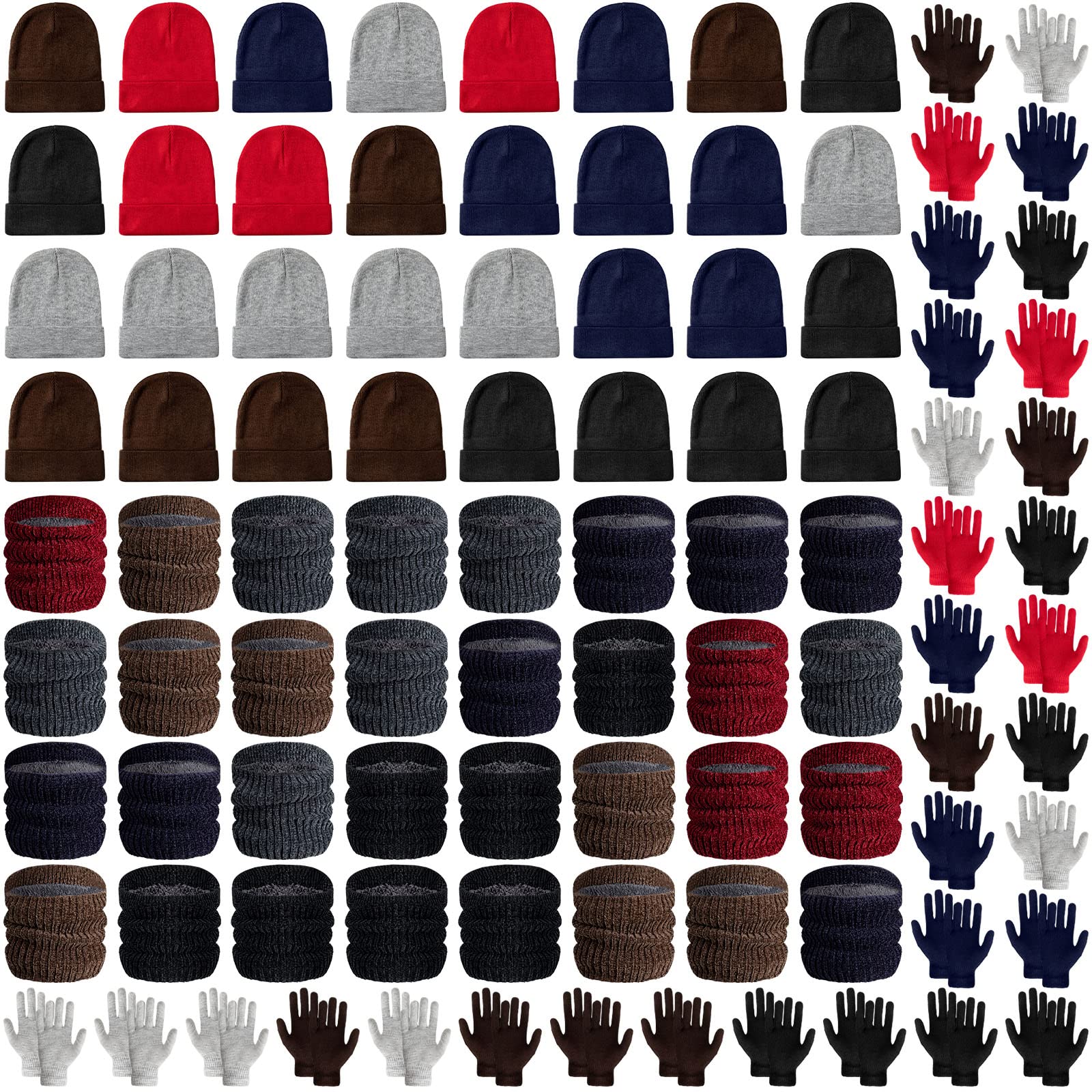 Foaincore 96 Pieces Winter Gloves Beanies Neck Warmers Set Winter Knitted Hat Scarf Gloves Unisex Bulk Pack for Teens Men Women Wearing Homeless Winter Care Charity Donation